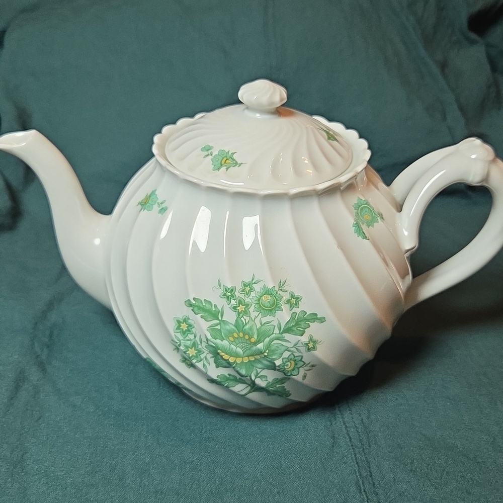 Haviland White Ceramic Teapot with Green Floral Motif